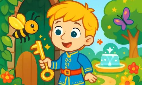 A young prince, Leo, around 10 years old, stands in the center of the image with shiny golden hair and a delighted smile. He wears a blue tunic adorned with golden patterns and leather boots. His eyes sparkle with curiosity and excitement as he holds a shimmering key in his hand. Beside him, a small bee named Buzzy, with golden wings and a black and yellow striped body, joyfully flies around him, adding dynamism to the scene. In the background, an enchanting garden stretches as far as the eye can see, filled with vibrant flowers, tall trees with shimmering leaves, and a sparkling fountain at the center, where the water shines like stars. Colorful butterflies dance in the air, creating a magical atmosphere. The main situation shows Prince Leo discovering a secret door hidden behind a curtain of ivy, his face lit up by the discovery. He is ready to enter the enchanted garden, where wonders await him.