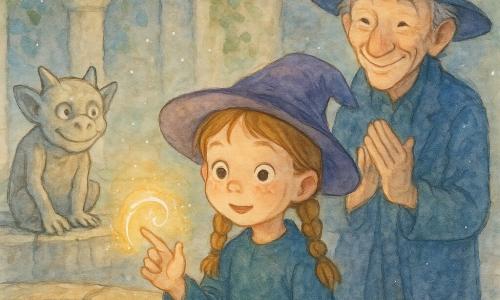 Lila, a five-year-old apprentice witch with a round freckled face, bright wide eyes and light brown hair in two braids, looks amazed and focused as she raises her left hand and makes a small circular gesture, producing a warm golden glow at her fingertips; behind her to the right stands the slim adult Illusion Master with a smile-lined face, a night-blue coat and slightly dented hat, hands clasped as if softly applauding; to the left on the fountain edge sits Pip, a small carved stone gargoyle with a grey textured surface and subtly carved mischievous eyes, watching the light; an ancient stone fountain at the center with calm water reflecting the glow, worn mosaic, cloister columns and ivy-covered stone walls in the background, faint motes of light in the air—a gentle magical moment bathing the scene in warm serenity and subtle contrast between cool stone and golden light.