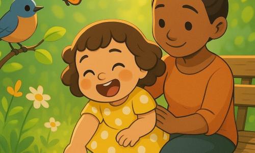 Uma menina de 2 anos, alegre e maravilhada, de bochechas redondas e cabelos castanhos encaracolados curtos, veste um vestido amarelo de bolinhas brancas e toca com a ponta do dedo uma pequena poça d'água enquanto ri; a mãe, cerca de 30 anos, de rosto doce e sorriso terno, cabelo preso em coque, segura a menina no colo sentada num banco de madeira à direita e a observa com carinho; à esquerda, um pequeno pássaro marrom-azulado pousa numa rama baixa e inclina a cabeça como se cantasse, uma formiga preta caminha na borda da poça e uma borboleta laranja e preta voa sobre flores; jardim de primavera iluminado com relva verde fresca, flores amarelas e brancas, folhas brilhantes e luz solar filtrada, terra ligeiramente húmida e uma poça refletindo; cena calma e doce de descoberta com luz quente, texturas húmidas, cores vivas, gestos lentos e curiosos, em estilo 3D cartoon cel-shading, cores saturadas, contornos nítidos e iluminação matinal.