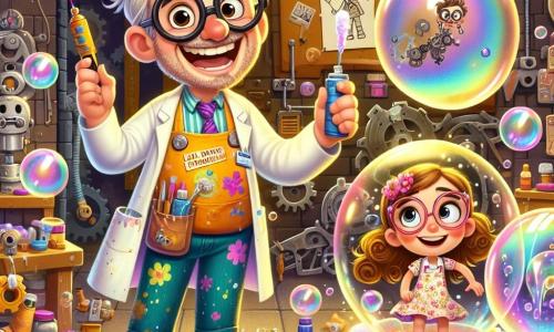 O personagem principal, o Senhor Pinguim, é um homem alegre com óculos redondos e cabelos desgrenhados. Ele usa um avental colorido, cheio de manchas de tinta, e exibe um grande sorriso de entusiasmo enquanto apresenta sua máquina de bolhas de sabão. Ao seu lado, Lila, uma menina de 8 anos com cabelos cacheados e um vestido florido, observa maravilhada as bolhas gigantes que flutuam ao seu redor. Ela segura um caderno de esboços nas mãos, pronta para desenhar suas ideias. Um pouco mais adiante, João, um menino de 9 anos com cabelos castanhos e óculos, se prepara para fazer seu robô dançar, com uma expressão concentrada e animada. A cena se passa em um ateliê mágico, cheio de ferramentas brilhantes, peças mecânicas coloridas e desenhos pendurados nas paredes. Engrenagens e lâmpadas cintilantes adicionam um toque de fantasia ao ambiente, enquanto bolhas de sabão flutuam no ar, criando uma atmosfera alegre e criativa. A situação principal mostra o Senhor Pinguim puxando a alavanca de sua máquina de bolhas, enquanto Lila e João, deslumbrados, se aproximam para ver as bolhas gigantes subindo ao céu, simbolizando a imaginação e a criatividade ganhando vida neste ateliê de invenção.