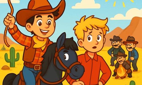 Ein junger Cowboy, Billy, etwa 20 Jahre alt, mit einem breiten Cowboyhut, einem selbstbewussten Lächeln und funkelnden Augen, reitet auf seinem schwarzen Pferd namens Blitz. Er trägt ein rotes kariertes Hemd und eine Lederweste und schwingt entschlossen ein Lasso, bereit für das Abenteuer. Neben ihm steht sein bester Freund Sam, 19 Jahre alt, mit zerzausten blonden Haaren und einem besorgten Gesichtsausdruck, der aufmerksam die Banditen in der Ferne beobachtet, die Hände in die Hüften gestützt, bereit Billy zu unterstützen. Die Szenerie spielt in einer weiten goldenen Prärie, gespickt mit grünen Kakteen und braunen Felsen, unter einem strahlend blauen Himmel, wo die Sonne intensiv scheint. In der Ferne zeichnen sich majestätische Berge am Horizont ab. Die Hauptsituation zeigt Billy und Sam, die einen mutigen Plan ausarbeiten, um gestohlene Tiere zu retten, während die Banditen, bedrohlich aussehende Männer, um ein Lagerfeuer lachen, ohne sich der Gefahr bewusst zu sein, die sie bedroht.