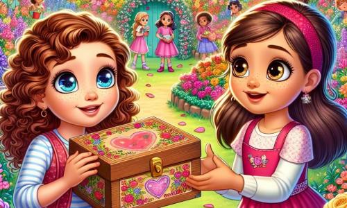 Una niña de 11 años, Ana, con largos cabellos rizados y ojos brillantes, está de pie en el centro de un jardín colorido, rodeada de flores vibrantes de todos los colores. Tiene una gran sonrisa en el rostro, mostrando su emoción y curiosidad, sosteniendo una pequeña caja de madera decorada con corazones en sus manos. Junto a ella, su mejor amiga Clara, también de 11 años, con cabello liso y castaño recogido en una coleta, mira con asombro la caja. Clara lleva un vestido rosa y tiene pecas en la nariz, pareciendo ansiosa por descubrir el contenido de la caja. El jardín está lleno de flores vibrantes, pétalos de rosa esparcidos por el suelo y guirnaldas de corazones colgadas de los árboles, creando un ambiente festivo y alegre. En el fondo, niños juegan y ríen, añadiendo a la atmósfera de celebración. La escena principal muestra a Ana y Clara descubriendo un misterioso tesoro de San Valentín, simbolizando la amistad y la aventura, mientras están en medio del jardín, listas para resolver el misterio juntas.