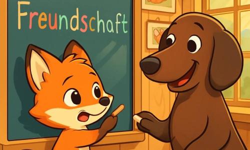 Ein kleiner roter Fuchs namens Felix, mit funkelnden Augen und glänzendem Fell, steht vor einer großen Tafel, konzentriert aber etwas nervös. Er versucht, das Wort 