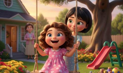 Four-year-old Lily, happy and playful with curly brown hair and sparkling blue eyes, sits on a wooden swing in a pink dress with white flowers, holding the rope; about five-year-old Mia, shy then reassured, with short black hair, bright green eyes and fair skin, stands behind gently pushing her with a tender motion and small smile; Lily’s mother stands in the pavilion doorway in the background, smiling and holding a light teacup; colorful backyard with green grass, yellow and red flowerbed, a large rough-trunk tree, small slide and wooden toy chest; warm moment of Lily teaching Mia to push the swing, laughter and trust, soft sunset light, safe atmosphere, warm contrasting saturated colors, detailed textures of wood, fabric and leaves, centered soft-rounded 3D render with very readable facial expressions.