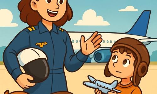 Una pilota, Maria, sorride con entusiasmo, indossando una tuta da pilota blu scuro con distintivi dorati e un casco sotto il braccio. Accanto a lei, un ragazzo di 8 anni con un cappellino da aviatore troppo grande la guarda con ammirazione, tenendo un modellino di aereo in mano. Siamo sul tarmac di un aeroporto soleggiato, con un grande aereo bianco e blu pronto al decollo. Nuvole soffici fluttuano in un cielo blu, mentre i bambini intorno ascoltano attentamente. Maria spiega le meraviglie del volo con gesti vivaci, mentre il ragazzo la ascolta affascinato, sognando le sue avventure nei cieli.