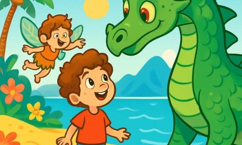 Un ragazzo di 8 anni, di nome Leo, con capelli ricci e occhi scintillanti di curiosità, si trova sulla spiaggia di sabbia dorata, con un grande sorriso di eccitazione. Indossa una maglietta rossa e pantaloni blu, a piedi nudi sulla sabbia calda, mentre osserva con meraviglia un grande drago dalle squame verdi e occhi rossi brillanti, che ha un'espressione amichevole e curiosa. Accanto a Leo, un piccolo folletto di nome Pippino, alto come una mela, con ali di farfalla scintillanti e capelli disordinati, vola felice, gesticolando per mostrare la strada verso il drago. Lo scenario è un'isola incantata, con palme danzanti, fiori colorati e un oceano blu splendente che scintilla sotto il sole. In lontananza, si ergono montagne maestose, aggiungendo un tocco di mistero. La scena principale mostra Leo e Pippino che parlano con il drago, che sembra intrigato dalle loro parole. Leo canta una dolce melodia, mentre il drago si avvicina lentamente, creando un'atmosfera magica e amichevole.