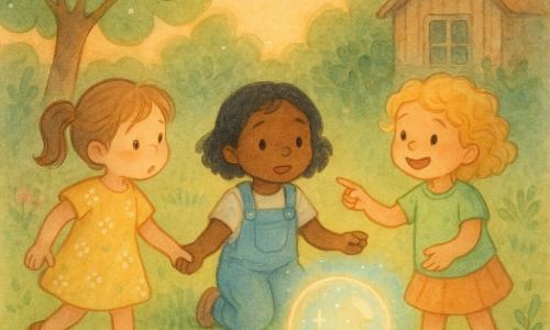 Ci sono tre bambine di 4 anni: Lia, capelli castano chiaro raccolti, vestito giallo a fiori, a sinistra; Nora, capelli neri corti con salopette blu, al centro; Pina, capelli biondi ricci e maglietta verde, a destra; tengono per mano, Lia guarda la bolla luminosa con curiosità, Nora è seria e leggermente inginocchiata, Pina sorride e indica la bolla. Siamo in un piccolo giardino familiare al crepuscolo con erba verde, una casetta di legno sbiadita sullo sfondo, un grande albero a sinistra, fiori spontanei rosa e margherite e qualche pietra lucente. Davanti alla casetta fluttua una bolla di luce rotonda, brillante e traslucida con minuscole stelline e aureole azzurre e pastello, che proietta un alone luminoso sull’erba; atmosfera dolce di meraviglia innocente e gesti calmi e complice.