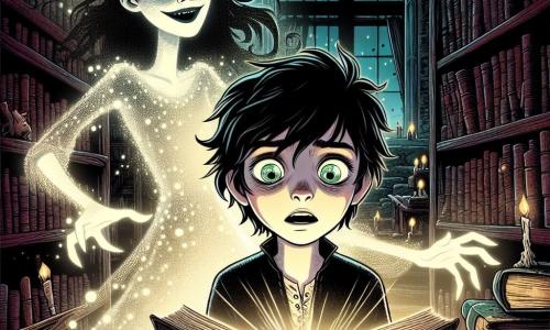 Alaric, un giovane ragazzo dai capelli neri disordinati e dagli occhi verdi pieni di curiosità, si trova davanti a un vecchio libro luminoso in una biblioteca buia, con un'espressione di meraviglia e apprensione. Accanto a lui, l'Ombra Sussurrante, una figura eterea con occhi brillanti e un abito fluttuante fatto di ombre, lo osserva con un sorriso misterioso, le braccia tese come per invitarlo a scoprire i segreti del libro. La biblioteca è piena di vecchi libri con copertine impolverate, scaffali in legno scuro e finestre che filtrano una luce lunare, creando un'atmosfera magica e inquietante. Alaric, affascinato dal libro, pronuncia un'incantazione mentre ombre danzano attorno a lui, rivelando un mondo misterioso nascosto tra le pagine.