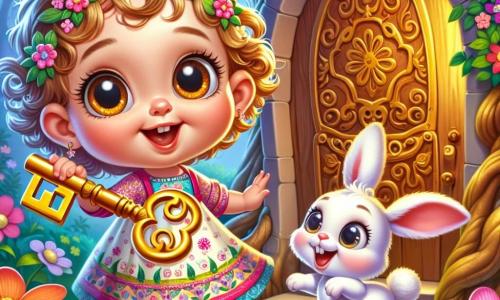 Una niña de 1 año, con grandes ojos brillantes y cabello rizado, sonríe maravillada mientras sostiene una llave dorada en sus pequeñas manos. Lleva un vestido colorido con patrones de flores y zapatitos rosas. Junto a ella, un adorable conejito blanco, con grandes orejas y una nariz rosa, salta alegremente, mirando la llave con interés. El escenario es un jardín mágico, lleno de flores vibrantes, grandes árboles con troncos nudosos y una pequeña puerta de madera oculta tras un arbusto. Mariposas multicolores vuelan alrededor, añadiendo un toque de magia al entorno. La escena representa el descubrimiento de la puerta secreta en el jardín, donde la niña y el conejo se preparan para entrar en un mundo de fantasía, con expresiones de alegría y emoción en sus rostros.