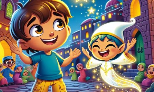 Un ragazzo di 8 anni, con capelli castani e occhi pieni di curiosità, si trova al centro dell'immagine, sorridente e meravigliato. Indossa una maglietta blu e un pantaloncino giallo, guardando una stella brillante nel cielo notturno, con le braccia aperte come se volesse afferrarla. Accanto a lui, un piccolo folletto luminoso, con un cappello a punta e ali scintillanti, fluttua allegramente nell'aria, ridendo e indicando la stella. Sullo sfondo, un villaggio colorato è illuminato da lanterne multicolori, con case in pietra dai tetti di tegole e bambini che giocano felici per strada, creando un'atmosfera festosa e calorosa. La scena rappresenta il momento magico in cui il ragazzo scopre la bellezza del Ramadan, incantato dalla luce della stella e dalla gioia che lo circonda, mentre risate e scintillii riempiono l'aria.