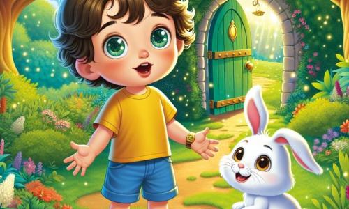 Un bambino di 2 anni, di nome Leo, con capelli ricci e occhi brillanti di curiosità, si trova davanti a una porta magica nascosta in un giardino lussureggiante. Indossa una maglietta gialla e pantaloni blu, e il suo viso esprime grande sorpresa e meraviglia. Accanto a lui, un adorabile coniglietto bianco, con grandi orecchie e un sorriso amichevole, sembra incoraggiarlo a entrare nel mondo magico. Il coniglio è seduto sull'erba verde, con le zampe anteriori sollevate, come se invitasse Leo a seguirlo. Il luogo è un giardino incantato, pieno di fiori colorati, cespugli folti e alberi maestosi che cantano dolcemente al vento. La luce del sole filtra tra le foglie, creando ombre danzanti sul terreno. La scena principale mostra Leo, curioso ed emozionato, pronto ad aprire la porta magica che lo porterà verso un'avventura incredibile, mentre il coniglio lo osserva con uno sguardo incoraggiante.