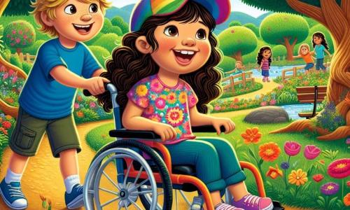 Una niña de 12 años, Lucía, sonriente y llena de determinación, está sentada en su silla de ruedas. Tiene el cabello rizado y castaño, lleva una gorra colorida y una camiseta con estampado de flores. Sus ojos brillan de emoción mientras guía a sus amigos por el parque. A su lado, Mateo, un niño de 12 años con el cabello corto y rubio, empuja suavemente la silla de ruedas con una gran sonrisa. Lleva una camiseta azul y pantalones cortos, y parece entusiasta, listo para ayudar. El parque es verde, con árboles majestuosos y un camino de tierra que serpentea entre flores coloridas, y un pequeño estanque que brilla al sol. La escena muestra a Lucía y sus amigos descubriendo las diferentes estaciones de la 