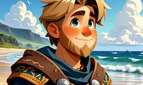 Un joven vikingo llamado Sigurd, de unos 16 años, está en la playa, con una sonrisa de asombro en su rostro. Tiene el cabello rubio y despeinado, una barba incipiente y lleva una túnica de cuero decorada con motivos nórdicos. Sus ojos brillan de emoción mientras mira el horizonte, donde se dibuja una nueva tierra. A su lado, Erik, un chico de 15 años con cabello castaño y ojos brillantes, también observa el mar. Lleva una capa de lana y pantalones de cuero, y sostiene un mapa antiguo en sus manos, que muestra tesoros ocultos. Ambos están sobre la arena dorada, rodeados de olas brillantes y gaviotas que vuelan sobre ellos. El lugar es una playa salvaje, con montañas nevadas al fondo, bosques verdes y rocas escarpadas. El cielo es de un azul brillante, salpicado de nubes blancas. La escena principal muestra a Sigurd y Erik, maravillados por la belleza de la tierra desconocida que se extiende ante ellos, listos para embarcarse en una nueva aventura, llenos de esperanza y curiosidad.