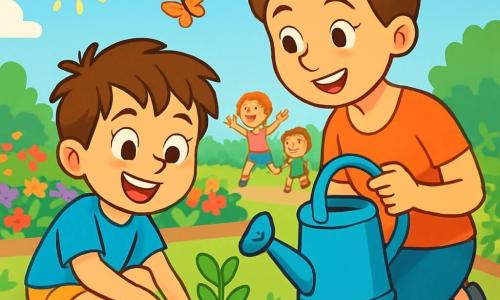 Un niño de 6 años, llamado Samuel, con cabello castaño despeinado y una gran sonrisa alegre, está agachado en un jardín soleado, sosteniendo una pequeña pala roja. Lleva una camiseta azul brillante y un short amarillo, con sus ojos brillando de emoción mientras planta una joven flor en la tierra. A su lado, la mamá de Samuel, una mujer de unos 30 años con cabello castaño recogido en un moño, lo anima con una cálida sonrisa, sosteniendo un regadera azul en sus manos. Al fondo, el jardín comunitario está lleno de filas de flores coloridas, verduras verdes y niños pequeños jugando y riendo bajo un cielo azul claro. La escena muestra a Samuel y su mamá trabajando juntos, rodeados de la belleza de la naturaleza, mientras mariposas vuelan a su alrededor, añadiendo un toque mágico a este momento de compartir y aprender.