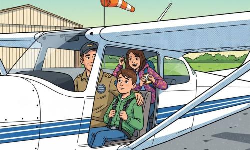Ein etwa 30-jähriger Fluglehrer mit beruhigendem Gesicht, sanftem Lächeln und aufmerksamem Blick trägt eine khakifarbene Pilotenjacke mit Abzeichen "Hören. Denken. Fliegen.", Pilotenkappe und legt leicht die Hand auf die Schulter des Schülers im Cockpit; der Junge Leo (ca. 12) wirkt erleichtert und etwas schüchtern, kurz braune Haare, noch die Hände am Gurt, sitzt rechts im weißen Cessna mit blauem Streifen und schaut den Piloten bewundernd an; das Mädchen Mia (ca. 16) sitzt auf der Rückbank, schalkhaft lächelnd, bunte Jacke und Rucksack, packt einen kleinen Snack aus und beugt sich ermunternd vor; Schauplatz ein kleiner Flugplatz mit grauem Boden, cremefarbenem Hallenblech im Hintergrund, orangefarbener Windsack, kurz gemähte grüne Wiese und glänzende Asphaltpiste bei warmem Morgenlicht, Szene nach der Landung, ruhige, vertrauensvolle Stimmung, klare Kompositionen, kräftige Farben, Pop‑Art‑artige Konturen und goldene Lichtstimmung.