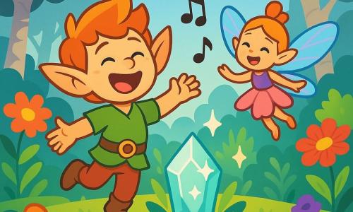 Ein junger Elf namens Lilo mit großen spitzen Ohren und glänzendem Haar wie Herbstblätter tanzt fröhlich um einen funkelnden Kristall. Sein Gesicht strahlt mit einem großen Lächeln, und seine Augen funkeln vor Aufregung und Neugier. Neben ihm fliegt eine kleine Libellenfee namens Mili mit schimmernden, durchsichtigen Flügeln und lacht, während ihre kleid aus Blütenblättern sanft in der Luft schwebt. Der Ort ist ein magischer Garten, gefüllt mit riesigen, bunten Blumen, großen silbernen Bäumen und goldenem Licht, das durch die Blätter filtert. Im Zentrum strahlt ein großer funkelnder Kristall, umgeben von leuchtenden Pflanzen. Die Hauptsituation zeigt Lilo und Mili, die zusammen singen, während dunkle Wolken sich entfernen und einen strahlend blauen Himmel freigeben.