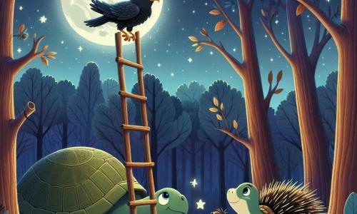Un cuervo llamado Cosme, con plumaje negro brillante y ojos llenos de curiosidad, está posado en una escalera hecha de ramas y hojas, mirando con asombro la luna brillante en el cielo nocturno. A su lado, una tortuga llamada Filomena, con un caparazón verde y ojos sabios, lo anima con una sonrisa, mientras un joven puercoespín llamado Paco, con púas doradas, se encuentra abajo de la escalera, con las patas levantadas, listo para aplaudir a su amigo. La escena se desarrolla en un claro del bosque, iluminado por la suave luz de la luna, donde los majestuosos árboles se alzan a su alrededor, sus hojas brillando como estrellas. Cosme, lleno de entusiasmo, intenta alcanzar la luna para descubrir sus secretos, mientras sus amigos lo observan con admiración y emoción.