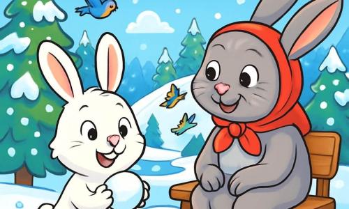 In der Mitte des Bildes befindet sich ein kleiner Hase mit großen Ohren namens Lukas. Er hat ein weiches, schneeweißes Fell und neugierige, glänzende Augen. Fröhlich lächelnd hält er eine Schneeball in seinen Vorderpfoten, bereit zum Spielen. Neben ihm sitzt seine Großmutter, eine große graue Häsin mit einem roten Schal, die ihn liebevoll anblickt, ihre Augen strahlen vor Glück. Sie sitzt auf einer Holzbank, umgeben von sanft fallenden Schneeflocken. Die Szenerie ist eine wunderschöne Winterlandschaft: majestätische Tannen, die mit funkelndem Schnee bedeckt sind, ein klarblauer Himmel mit flauschigen Wolken und ein großer verschneiter Hügel, auf dem andere Tiere fröhlich Schlitten fahren. In der Ferne glänzt ein kleiner gefrorener Teich in der Sonne, während bunte Vögel fröhlich umherfliegen. Die Szene zeigt Lukas und seine Großmutter am Anfang einer großen Schneeballschlacht, mit Lachen und Freude in der Luft.