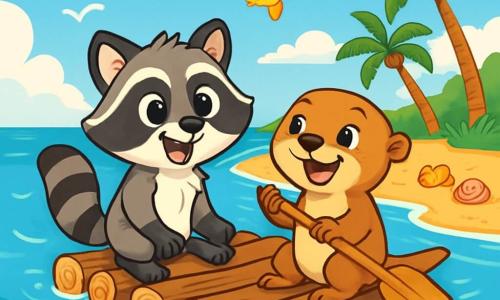 Max, a little raccoon with sparkling eyes and black and white fur, stands on a raft made of driftwood, wearing a big excited smile. He looks around in wonder, paws on the edge of the raft. Next to him, Penny, an adorable otter with shiny eyes and brown fur, joyfully laughs while holding a small paddle, ready to explore the sparkling waters. The setting is a sunny beach with gentle waves crashing on the golden sand, colorful seashells scattered on the shore, and palm trees swaying in the background. The sky is bright blue with a few fluffy white clouds. The main scene shows Max and Penny navigating their raft, surrounded by ducks happily swimming nearby, while a group of colorful birds flies above them. The atmosphere is joyful and adventurous, capturing the carefree spirit of summer vacation.
