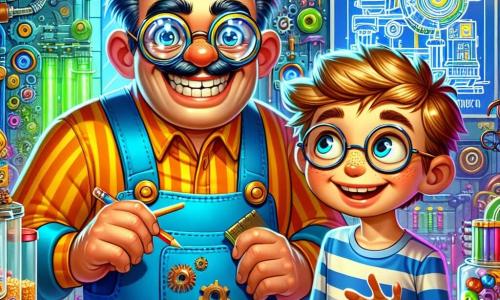 A cheerful man, Mr. Whizzle, wears bright blue overalls and large round glasses that shine under the light. His face is lit up with an enthusiastic smile as he shows a plan for his invention, the Tidy-Up Tornado. Next to him, a boy named Leo, about 7 years old with messy brown hair and a striped shirt, looks on with wide eyes, holding a pencil and a sketchbook. The scene takes place in a colorful workshop filled with strange machines, sparkling gears, and buzzing gadgets, with shelves loaded with shiny parts and scattered toys. Mr. Whizzle excitedly explains his project while Leo, captivated, takes notes and sketches ideas, surrounded by an atmosphere of creativity and excitement.