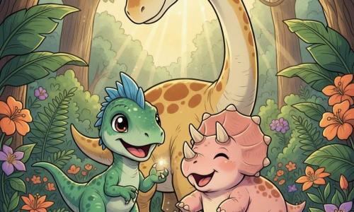 A small velociraptor named Rappy, cheerful and curious with big bright eyes, short emerald-green feathers and a sky-blue crest, smiling and reaching toward a small sparkling rock; Tilly the triceratops, round and gentle with pale pink skin and three rounded horns, laughing and nudging the rock to Rappy's right; Benny the brachiosaurus, tall and calm with a long beige speckled neck, watching gently from behind; sunny jungle with dark green broad leaves, ferns and orange and purple flowers, sunbeams filtering through; the three dinosaurs playing around a sparkling rock on a mossy patch in a warm, friendly, centered composition for toddlers.