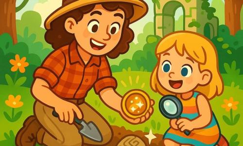 An enthusiastic archaeologist, a woman in her thirties with curly brown hair, wears a straw hat and a checkered shirt. She kneels in the dirt, a broad smile lighting up her face as she uncovers ancient stones adorned with mysterious patterns. Beside her, an 8-year-old girl named Lily, with blonde hair and sparkling eyes, watches in wonder. She wears a colorful dress and holds a magnifying glass, eager to explore the treasures of the past. Their surroundings are a lush clearing, surrounded by majestic trees and wildflowers, with sunlight filtering through the leaves. In the center of the scene, ancient ruins emerge from the ground, covered in moss and ivy, adding a touch of mystery to the atmosphere. The main situation shows the archaeologist and Lily discovering a hidden treasure together, with glimmers of light sparkling on ancient jewelry, as they share a moment of joy and excitement, ready to uncover the secrets of history.