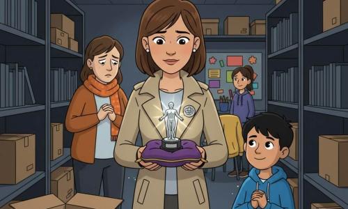 The protagonist is Mara, a focused compassionate detective with soft features and bobbed brown hair in a beige coat and round badge, gently holding a small silver statue on a velvet cushion; to her right and slightly forward stands Evan, an ~11-year-old boy with short black hair and a blue hoodie, watching admiringly with hands clasped, while behind and to the left Trudy Pike, ~40, looks guilty and tired with a bright orange scarf and clenched hands, and nearby a relieved ~16-year-old Jess with tied-back hair stands by a craft-corner chair draped with a yellow jacket. The scene is a narrow, dim library storage room with metal shelves, stacked cardboard boxes, a bare bulb casting sharp shadows, glitter and a sliver of orange peel on the floor; the composition centers on the shiny statue partly revealed in an unlabelled box with a protruding silver ribbon, the mood tense but relieved and vulnerable as all eyes focus on the statue.
