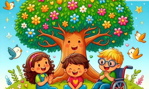 In a corner of the drawing, Mia, an 8-year-old girl with curly hair and a big smile, is sitting on the green grass, surrounded by colorful flowers. Next to her, Leo, a 7-year-old boy with brown hair and glasses, claps his hands enthusiastically. Sam, a 9-year-old boy in a red wheelchair, is joyfully smiling while holding an illustrated book on his lap. 

In the center of the illustration stands the majestic Kindness Tree, with a wide trunk and golden leaves shining in the sun, its branches extending like open arms. The sky is bright blue, dotted with fluffy white clouds, and birds are singing around the tree. 

The main scene shows the three friends listening attentively to the Kindness Tree, which seems to be telling them a magical story about kindness, with bursts of light emanating from its leaves, symbolizing joy and friendship.