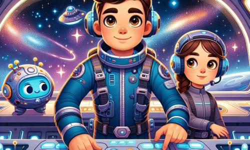 A man named Jonah is at the center of the image, wearing a blue spacesuit with silver details. His face is focused, with bright eyes full of excitement and a slight smile as he adjusts the controls of his spaceship, the Middensong. Next to him, a woman named Lena, around 30 years old, is wearing a gray jacket and practical pants. She is attentively observing the control screen, her brown hair neatly braided, showing a look of determination. A small round robot named Pebble floats nearby, with flashing lights on its body, ready to assist.

The spaceship is in a futuristic cockpit, with illuminated control panels and a large window offering a spectacular view of a field of twinkling stars and colorful nebulae. The scene conveys an atmosphere of adventure and discovery.

Jonah and Lena are working together to calibrate the ship's navigation system, surrounded by the beauty of space, while Pebble assists them by checking the tools.