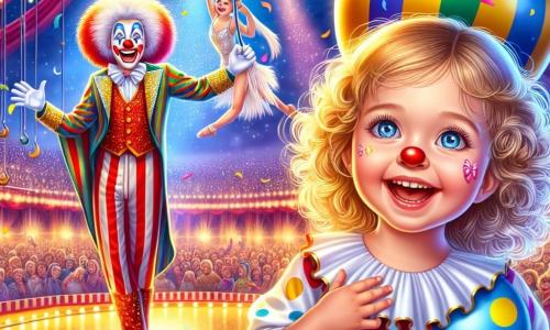 En el centro de la imagen, una niña de 3 años, Valentina, con grandes ojos azules y cabello rubio rizado, sonríe con asombro. Lleva un vestido colorido con lunares y sostiene un gran globo de circo. A su lado, un payaso alegre llamado Risas, de unos 30 años, con la cara pintada de blanco, una gran nariz roja y cabello alborotado, hace muecas mientras lanza confeti al aire. Al fondo, una trapecista elegante, Lila, de unos 25 años, vestida con un traje brillante, se lanza al aire con gracia, creando una atmósfera mágica. El lugar es una gran carpa de circo de colores vivos, con rayas rojas y amarillas, llena de espectadores asombrados. La situación principal muestra a Valentina y Risas en el centro del escenario, rodeados de confeti colorido, listos para hacer reír al público con su número cómico y alegre.