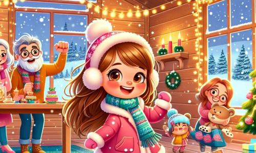 Una niña de 6 años, Lila, con largos cabellos castaños y ojos brillantes de alegría, baila con una gran sonrisa en su rostro. Lleva un bonito abrigo rosa y una bufanda colorida, rodeada de guirnaldas de Navidad brillantes. A su lado, su mamá, una mujer de unos 30 años con cabello castaño y una sonrisa cálida, prepara pasteles navideños en la mesa, añadiendo un toque de magia a la fiesta. Su vecino, don Carlos, un hombre de unos cuarenta años con barba canosa y un sombrero festivo, está sacando juegos de mesa de una gran caja colorida, listo para compartirlos con todos. La escena transcurre en una encantadora cabaña de madera, decorada con luces brillantes y copos de nieve que caen suavemente afuera, creando una atmósfera cálida y festiva. Lila y su familia se preparan para una alegre fiesta de Año Nuevo, llena de risas, bailes y deliciosos pasteles, mientras la nieve cubre el paisaje exterior con un suave manto blanco.