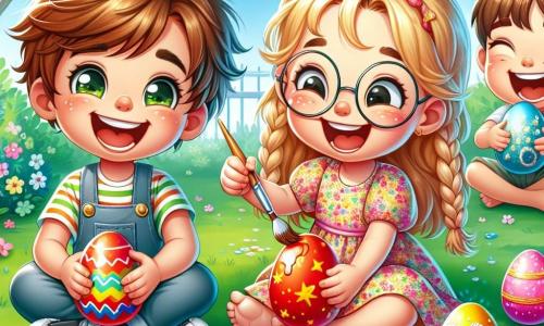 Un niño de 3 años, Lucas, con cabello castaño desordenado y grandes ojos brillantes, está pintando un huevo de Pascua rojo con un pincel. Sonríe ampliamente, lleno de emoción y alegría. A su lado, su mejor amiga Ana, una niña de 6 años con trenzas rubias, se concentra en un huevo amarillo que decora con estrellas brillantes. Lleva un vestido de flores coloridas y parece muy orgullosa de su trabajo. Un poco más lejos, Tomás, un niño de 5 años con cabello castaño y gafas redondas, admira su huevo azul escondido detrás de un arbusto, riendo con entusiasmo. La escena tiene lugar en un parque soleado, lleno de flores coloridas y árboles verdes, con huevos de Pascua decorados esparcidos por el césped, creando un ambiente festivo y alegre.