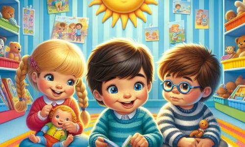 In una sala giochi colorata di un ospedale, tre bambini sono seduti insieme su un tappeto morbido. Luca, un ragazzo di quattro anni con capelli castani e occhi vivaci, sorride felice tenendo un piccolo treno di plastica. Alla sua destra, Sara, una bambina di quattro anni con capelli biondi e trecce, ride giocando con una bambola, i suoi occhi brillano di felicità. A sinistra, Marco, un ragazzo con capelli castani e occhiali tondi, guarda attentamente un libro illustrato, le sopracciglia leggermente aggrottate per la concentrazione. La sala è piena di colori vivaci: muri dipinti di blu cielo, scaffali carichi di giocattoli e disegni di bambini appesi ovunque. Un grande sole sorridente è dipinto sul soffitto, illuminando lo spazio di calore e gioia. I tre amici condividono storie immaginarie, ridendo insieme e creando un mondo fantastico, dimenticando per un momento di essere in ospedale.