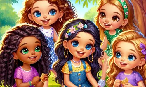 Em um parque ensolarado, quatro meninas estão reunidas ao redor de uma grande árvore com folhas verdes brilhantes. Mia, de 8 anos, com cabelos cacheados e olhos brilhantes, usa um vestido rosa com bolinhas brancas e sorri segurando um lanche. Sofia, de 7 anos, com cabelos loiros lisos e olhos azuis, está curvada para frente, ouvindo Yasmin. Júlia, de 9 anos, com cabelos negros trançados e pele caramelo, veste um vestido roxo e parece feliz ao compartilhar seu lanche com Yasmin. Yasmin, de 8 anos, com cabelos longos e ondulados, de cor castanho claro, e pele clara, usa um vestido colorido e sorri mostrando um prato de especialidades de seu país. O parque está cheio de flores coloridas, brinquedos para crianças e um céu azul claro, criando uma atmosfera alegre e acolhedora. As quatro meninas estão sentadas na grama, compartilhando lanches e rindo juntas, ilustrando a amizade e a tolerância. Yasmin ensina suas novas amigas a contar em sua língua, enquanto as outras tentam repetir, criando um momento de alegria e descoberta.