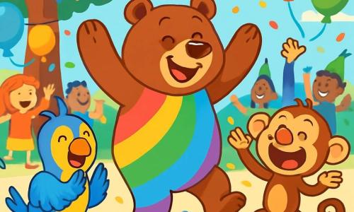 Een grote bruine beer genaamd Bas, met een brede glimlach en sprankelende ogen van vreugde, danst vrolijk midden in een carnavalsfeest. Hij draagt een kleurrijk kostuum in de vorm van een regenboog met schitterende kleuren van rood, oranje, geel, groen, blauw en paars. Naast hem staat een mooie parkiet genaamd Pia, met stralende blauwe en gele veren, die enthousiast applaudisseert, haar gezicht straalt van blijdschap. Een ondeugende aap genaamd Ap, met een groot rood hoofd en een grote clownneus, maakt gekke gezichten terwijl hij om hen heen springt en luid lacht. Op de achtergrond staat een grote boom versierd met kleurrijke slingers en zwevende ballonnen, terwijl kinderen en volwassenen dansen en zingen op een levendig plein, vol met kleurrijke confetti die door de lucht vliegt. De scène straalt een feestelijke en blije sfeer uit, vol felle kleuren en stralende glimlachen.