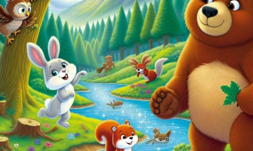 A bear named Benny, big and fluffy with brown fur and sparkling kind eyes, stands by a shallow river, looking concerned yet determined. Next to him, Lily, a small white bunny with big ears, joyfully hops while pointing to a tall hill full of colorful flowers. Sammy, a red squirrel with a bushy tail, climbs a tree branch, holding a leaf in his small paws, ready to help. Ella, a wise owl with brown feathers and round eyes, flies above them, pondering a plan. 

The setting is an enchanted forest with majestic trees, sunlight filtering through the foliage, and vibrant flowers scattered on the ground. The barely filled river sparkles in the light, while curious fish emerge from the water. 

The main scene shows Benny and his friends united, working together to build a dam using leaves and branches, with expressions of joy and determination on their faces, illustrating teamwork and friendship.