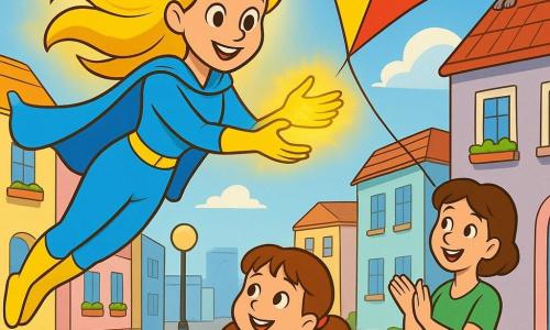 Mulher heroína alta e sorridente, cabelos loiros brilhando como raios, capa azul e amarela leve, olhos calorosos, voa suavemente estendendo mãos luminosas para apanhar um papagaio de papel; menina de cerca de 6 anos, cabelo castanho em rabo de cavalo, vestido vermelho, sorriso aliviado, segura a linha do papagaio no passeio colorido; mãe de cerca de 30 anos, cabelo curto, roupa verde, próxima à menina aplaudindo com expressão tranquila; pequeno gato cinza no telhado baixo canto superior direito miando; rua urbana luminosa com paralelepípedos suaves, fachadas em tons pastéis, postes redondos e flores nas janelas; cena centrada na ação afetuosa da heroína recuperando o papagaio vermelho e amarelo, luz quente nas mãos, atmosfera alegre e segura, cores vivas e contornos nítidos.