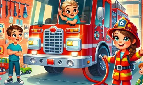 Luisa, eine mutige Feuerwehrfrau, trägt einen leuchtend roten Anzug und einen glänzenden Helm. Ihr Gesicht strahlt Freude und Begeisterung aus, während sie stolz den großen Feuerwehrwagen den Kindern zeigt. Max, ein etwa 8-jähriger Junge mit zerzausten braunen Haaren und einem blauen T-Shirt, hebt mit einem breiten Lächeln die Hand, fasziniert von dem Wagen. Lisa, ein 7-jähriges Mädchen mit geflochtenen blonden Haaren, schaut mit weit aufgerissenen Augen und hält einen kleinen Plastikschlauch in der Hand, bereit zum Spielen. Die Szene spielt sich in einer großen Feuerwehrgarage mit roten Wänden und überall hängenden Feuerwehrwerkzeugen ab. Der glänzende rote Feuerwehrwagen steht in der Mitte, umgeben von Spielen und Sicherheitsschildern. Luisa erklärt begeistert, wie man die Schläuche benutzt, während die Kinder Spaß daran haben, ein falsches Feuer zu löschen, Wasser spritzen und fröhlich lachen.