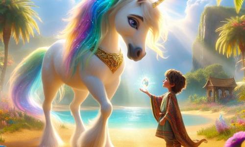 Una magnífica unicornio, llamada Lira, se encuentra en el centro de la imagen. Tiene un pelaje blanco brillante, ojos resplandecientes y una larga crin de colores del arcoíris que brilla bajo el sol. Lira expresa alegría y emoción con una sonrisa radiante mientras mira a un niño llamado Leo, que se acerca a ella con una piedra brillante en las manos. Leo, un niño de 8 años, tiene el cabello castaño desordenado y lleva una túnica colorida. Tiene una mirada decidida y amigable, y está justo frente a Lira, listo para ofrecerle la piedra mágica. El escenario es un oasis encantador, rodeado de dunas doradas que brillan bajo la luz del sol. Flores multicolores y palmeras exuberantes añaden un toque de magia al entorno. En el fondo, un cielo azul claro está salpicado de nubes blancas y esponjosas. La situación principal muestra a Leo extendiendo la piedra mágica a Lira, simbolizando su amistad recuperada después de un malentendido. Ambos personajes están rodeados de la belleza del desierto, ilustrando la magia y la alegría de su vínculo especial.