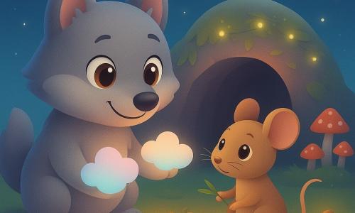 Lolo, un joven lobuno pequeño y redondeado de pelaje gris y orejas redondas, con grandes ojos marrones y sonrisa tierna, se arrodilla ofreciendo dos pequeños cojines invisibles representados por destellos pastel en forma de nubes; junto a él, el ratoncito, una pequeña ratón pardo claro de bigotes finos y ojos asombrados y agradecidos, sostiene una brizna de hierba mientras acomoda un nidito de hojas y retazos junto a la entrada de una cueva convertida en guarida forrada de hojas doradas y musgo, con hongos rojos y una guirnalda de luciérnagas; cielo crepuscular azul índigo con luna en cuarto y estrellas, y una pequeña linterna sobre una piedra que aporta luz cálida; escena dulce y cómica, calma y reconfortante, colores pastel cálidos contrastando con el azul vespertino, texturas suaves y formas redondeadas.