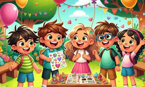 En un parque soleado, cuatro amigos están juntos, rodeados de flores coloridas y globos flotantes. Lucas, un niño de diez años con cabello castaño desordenado y una gran sonrisa, sostiene una tarjeta colorida y mira a sus amigos con emoción. Ana, una niña de diez años con cabello largo y rizado, lleva un vestido rosa y sonríe alegremente, lista para compartir sus ideas. Mateo, un niño de diez años con gafas y cabello rubio, se inclina hacia adelante, sosteniendo un corazón de chocolate, con aire curioso y entusiasta. Carla, una niña de diez años con trenzas y una camiseta azul, levanta los brazos, llena de energía, como si acabara de tener una gran idea. El parque está lleno de risas de niños, con árboles verdes, bancos de madera y una gran mesa decorada con dulces y tarjetas de San Valentín. Los amigos están preparando una fiesta sorpresa para celebrar la amistad, compartiendo tarjetas hechas a mano y golosinas, mientras ríen y se divierten juntos.