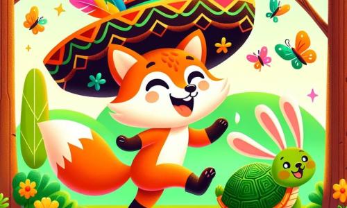 Un zorro de pelaje naranja brillante, con una sonrisa alegre y ojos chispeantes, lleva un gran sombrero negro con plumas de colores. Baila animadamente en una clara soleada, rodeado de flores brillantes y mariposas revoloteando. A su derecha, un pequeño conejo de grandes orejas blancas, con una expresión divertida, salta alegremente tratando de atrapar una hoja que vuela. A su izquierda, una tortuga de caparazón verde brillante, con un aire decidido, empuja una rama para ayudar al conejo. Al fondo, grandes árboles de troncos marrones y hojas verdes exuberantes forman un marco acogedor. La escena irradia una atmósfera de fiesta y camaradería, con risas y colores vivos que iluminan el paisaje.