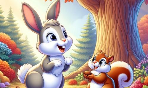Ein kleiner grauer Hase mit großen Ohren und einem sanften Lächeln steht enthusiastisch auf seinen Hinterbeinen, mit leuchtenden Augen voller Aufregung, und bewundert einen majestätischen Baum mit leuchtend orangefarbenen und roten Blättern. Neben ihm sammelt ein weiser brauner Eichhörnchen mit einer kleinen Brille auf der Nase und einem jovialen Gesichtsausdruck Nüsse und lächelt freundlich zum Hasen. Die Szene spielt in einem zauberhaften Herbstgarten, wo der Boden mit bunten Blättern bedeckt ist und Sonnenstrahlen durch die Äste der Bäume filtern, was eine warme und einladende Atmosphäre schafft. Es ist der Beginn eines großen Erntefestes, bei dem der Hase und das Eichhörnchen sich darauf vorbereiten, die Fülle des Herbstes zu feiern, umgeben von Obst und Gemüse, bereit, ihre Freude mit all ihren Gartenfreunden zu teilen.
