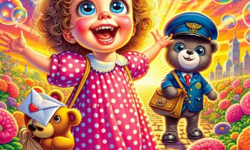Una bambina di 4 anni, Sofia, con grandi occhi brillanti e capelli ricci, indossa un vestito rosa a pois bianchi e un grande sorriso sul volto. Tiene il suo orsacchiotto, Teddy, che indossa occhiali da sole e un cappello di carta, fluttuando leggermente nell'aria. Accanto a lei, Pino, il postino, è un gatto grigio con un cappello da postino e una borsa piena di lettere. Sorride guardando Sofia e Teddy, incoraggiandoli a divertirsi. Lo scenario è un giardino incantato, pieno di fiori colorati e bolle di sapone giganti che fluttuano in un cielo arancione al tramonto. Le bolle scintillano come diamanti, creando un'atmosfera magica e gioiosa. Sofia e Teddy ridono mentre una grande bolla di sapone li circonda, pronti a fluttuare nell'aria, mentre altri bambini giocano intorno a loro, aggiungendo all'atmosfera festosa e ludica della scena.