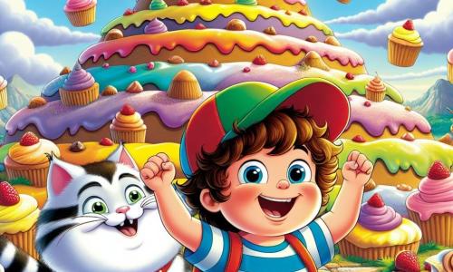 Un niño de 7 años, Nico, con cabello rizado y una gorra colorida, lleva una camiseta a rayas. Su rostro brilla con una gran sonrisa, mostrando su emoción mientras se encuentra en la cima de una montaña de pasteles, con los brazos levantados en señal de victoria. A su lado, un gato gordo y perezoso, Don Gato, con pelaje atigrado y ojos traviesos, está cómodamente instalado en la mochila de Nico, observando la escena con diversión. En el fondo, un pequeño pájaro amarillo, Pip, vuela alegremente alrededor de ellos, listo para ayudar en su aventura. El lugar es una montaña majestuosa hecha de pasteles coloridos, con laderas cubiertas de galletas crujientes y nubes de azúcar flotando, creando una atmósfera mágica y dulce. La situación principal muestra a Nico triunfante en la cima de la montaña, habiendo superado muchos desafíos para alcanzar un gran tarro de pasteles brillantes, rodeado de dulces y colores vivos, simbolizando la alegría y el logro.