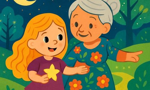 A young girl named Lila, around 8 years old, with long curly golden hair and sparkling curious eyes, stands at the center of the image, smiling and determined, holding a small shining star in her hand. Next to her is a wise old woman with silver hair and a warm smile, wearing a colorful flower-adorned dress, showing her the way. In the background, a magical landscape features lush hills, trees with shimmering leaves, and a starry sky with a faintly shining moon. Lila and the old woman are heading towards a mysterious source of light, seeking to restore the lost glow of the moon.
