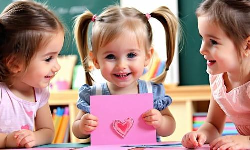 W jasnej i kolorowej klasie trzy małe dziewczynki zebrały się wokół dużego drewnianego stołu. Kasia, 7-letnia dziewczynka z blond włosami i warkoczykami, radośnie uśmiecha się, trzymając różową kartkę ozdobioną sercami. Siedzi po lewej stronie stołu, otoczona kolorowymi papierami. Ania, 6-letnia dziewczynka z brązowymi włosami i okrągłymi okularami, stoi obok Kasi, rysując kwiaty na zielonym papierze w sukience w kropki. Ola, 7-letnia dziewczynka z rudymi włosami i kucykami, stoi po prawej stronie stołu, przyklejając naklejki ryb na swoją niebieską kartkę. Sala jest ozdobiona papierowymi girlandami i rysunkami dzieci przyczepionymi do ścian. Na stole rozsypane są kubki z kolorowymi kredkami, a w powietrzu unosi się zapach plasteliny. Trzy przyjaciółki z entuzjazmem przygotowują kartki i ciastka na Dzień Matki, śmiejąc się i dzieląc pomysłami. Scena pełna jest radości i kreatywności, uchwycając ducha miłości i przyjaźni panującego w ten wyjątkowy dzień.