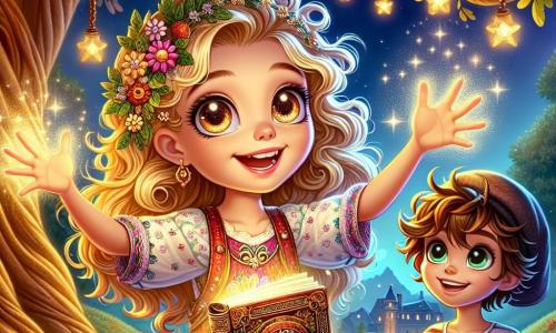 O fetiță de 8 ani, Mia, stă în centrul imaginii, cu un zâmbet strălucitor pe față. Are părul creț și auriu care îi cade pe umeri și poartă o rochie colorată cu motive florale. Ochii ei strălucesc de entuziasm în timp ce își ridică brațele spre cer, invocând magia. Lângă ea, un băiat de 8 ani pe nume Alex, cu părul brun și o șapcă mare pe cap, o privește pe Mia cu admirație. El poartă un tricou cu dungi și un șort, ținând în mâini o carte veche, pregătit să împărtășească cunoștințele sale despre magie. Decorul se desfășoară într-un parc urban magic, unde un stejar bătrân cu ramuri răsucite se înalță măreț. Lumini strălucitoare plutesc în jurul copacilor, iar umbre misterioase dansează în fundal, adăugând o notă de mister atmosferei. Situația principală îi arată pe Mia și Alex uniți într-un moment de bravură, invocând scântei de lumină pentru a respinge umbrele amenințătoare care se apropie de ei, simbolizând prietenia și curajul lor în fața necunoscutului.