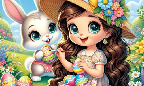Una bambina di 8 anni, Mia, con lunghi capelli castani e occhi scintillanti di gioia, sta dipingendo uova di Pasqua colorate in un giardino soleggiato. Indossa un vestito a fiori e un cappello di paglia con un grande fiocco giallo, e il suo viso irradia eccitazione. Accanto a lei, un coniglietto bianco di nome Bobo, con grandi orecchie e un sorriso timido, la osserva tenendo una tavolozza di colori, pronto ad aiutarla. Il giardino è pieno di fiori vivaci, cespugli verdi e un cielo azzurro, creando un'atmosfera gioiosa e primaverile. La scena mostra Mia e Bobo mentre creano uova decorate, circondati da erba verde e farfalle colorate che volano intorno a loro, illustrando lo spirito festivo di Pasqua.