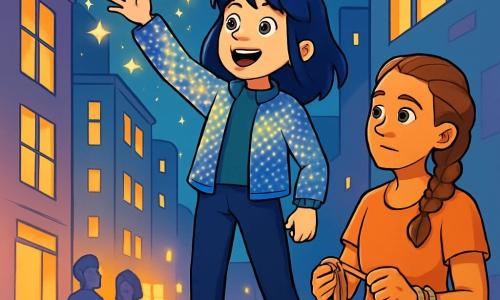Nova Calder, a young woman with midnight blue hair, stands on a worn wooden bench, her face lit up with excitement and determination. She wears a shimmering jacket with reflective threads that catch the starlight around her, creating a magical atmosphere. Beside her, Cora Tangle, a woman in her thirties with braided hair and colorful rope bracelets, watches Nova intently, her expression a mix of curiosity and regret. She holds a length of rope in her hands, ready to use it to repair the connections between the streets of the city. The scene is set in a bustling alley of Astra City, where modern buildings with bright facades surround them, while twinkling stars float in the air, illuminating the faces of passersby who stop to watch. The main situation shows Nova using her powers to light the way for lost residents in the city, while Cora prepares to untangle the knots of confusion woven into the city's system, creating an atmosphere of collaboration and hope.
